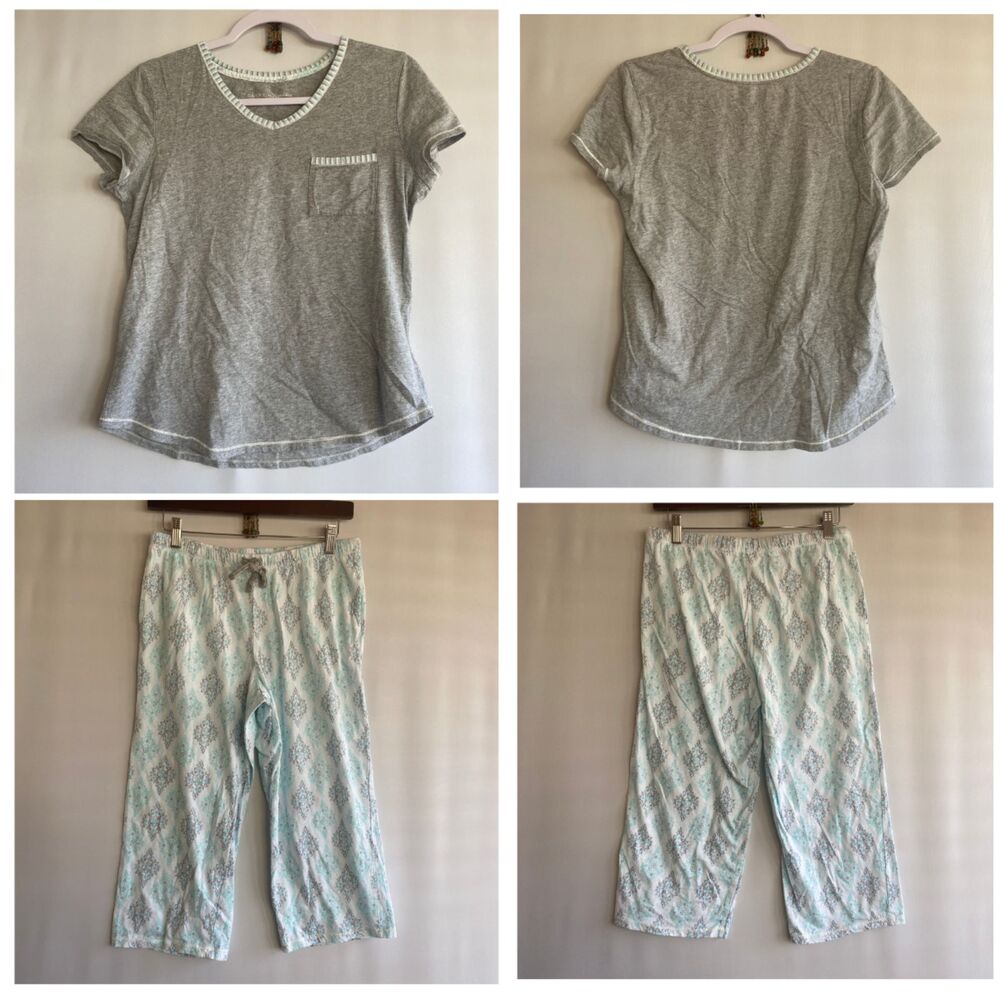 Carole Hochman Cotton Pajama Set Blue Grey Short Sleeve Mix Pattern Size Small